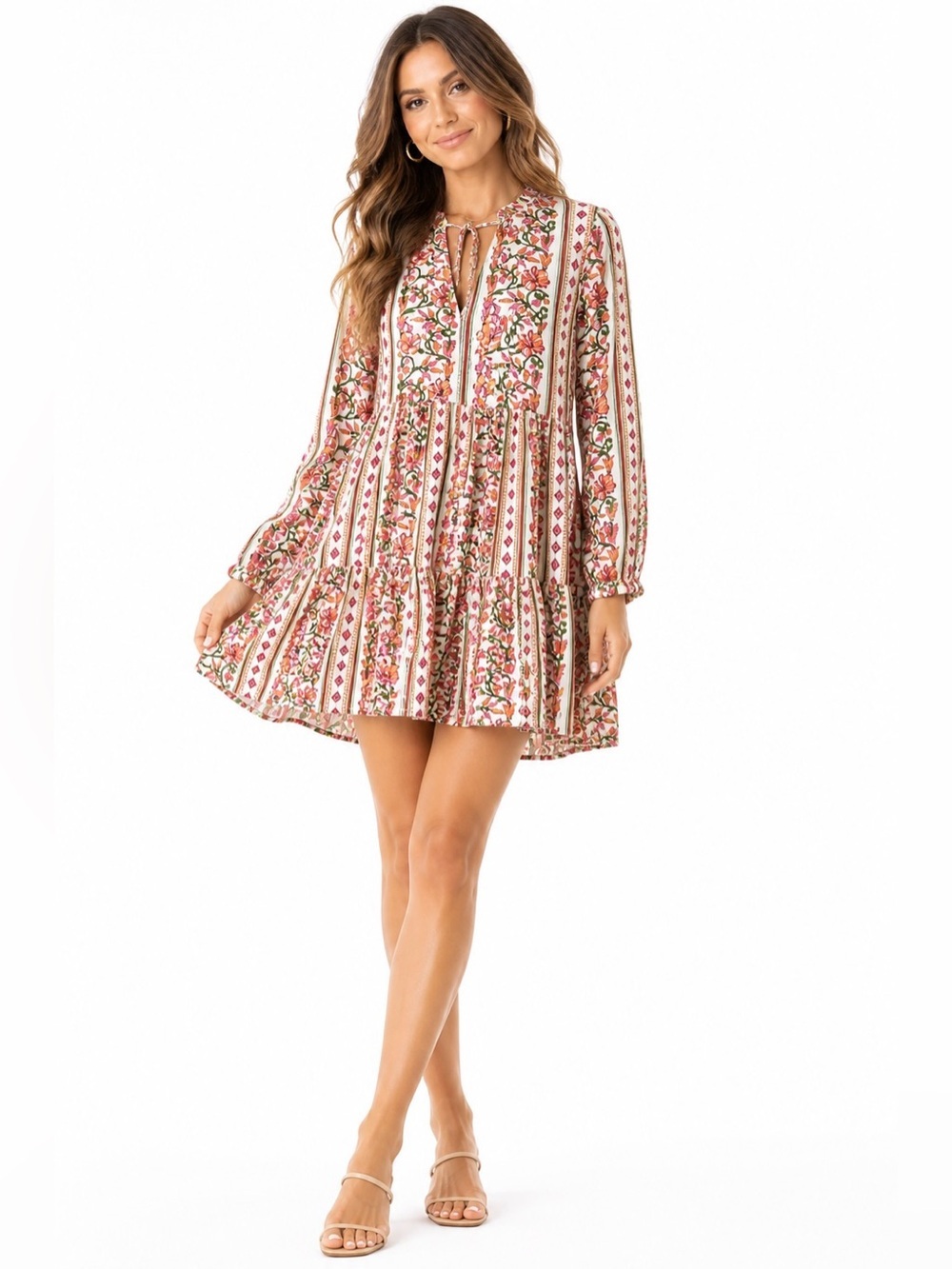 Japna Boho Floral Tiered Mini Dress Tie Neck Long Sleeve Cottagecore Size Small